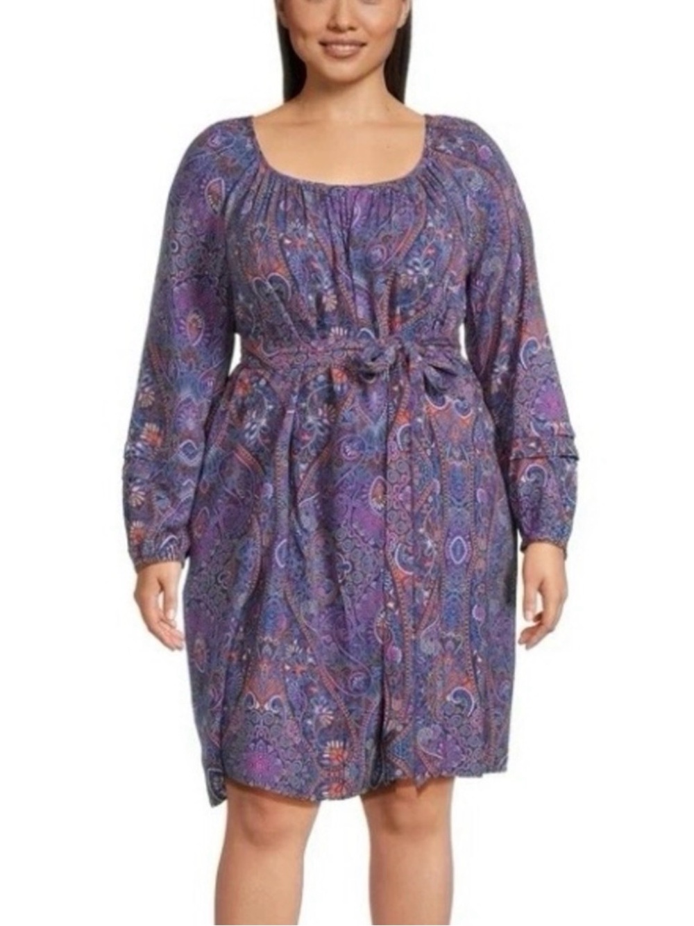 Purple Paisley Long-Sleeve Tie-Waist Dress
